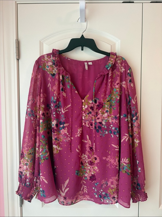 Cato Tops - Cato Pink/Purple Floral Ruffle-Neck Blouse with Gold Dot Accents